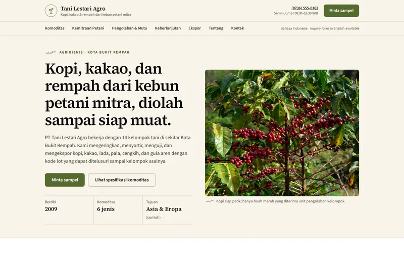 Tampilan halaman awal Tani Lestari Agro
