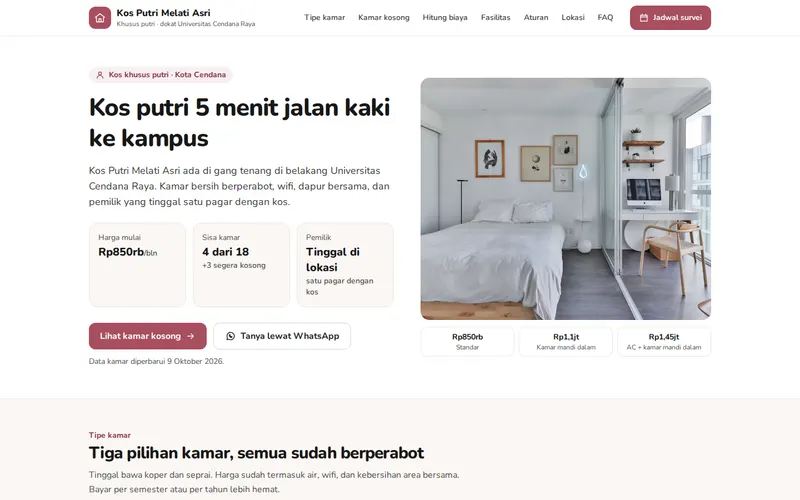 Tampilan halaman awal Kos Putri Melati Asri