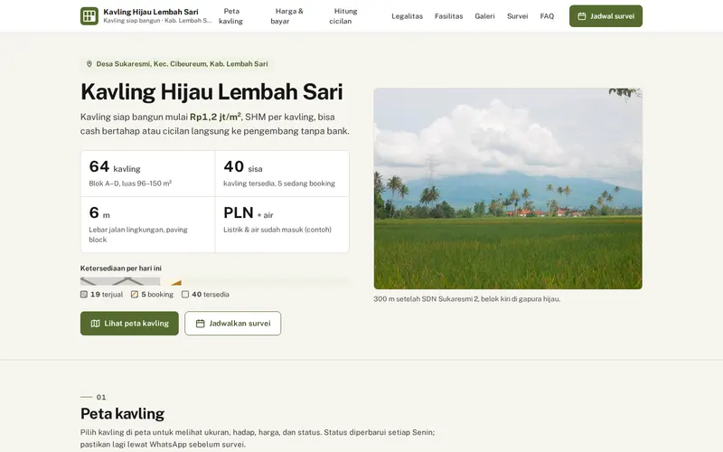 Tampilan halaman awal Kavling Hijau Lembah Sari