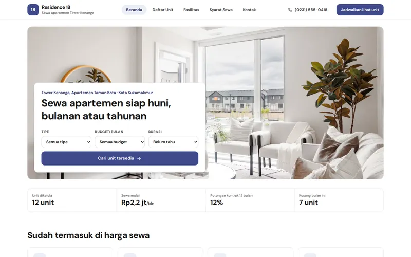 Tampilan halaman awal Residence 18 Sewa Apartemen