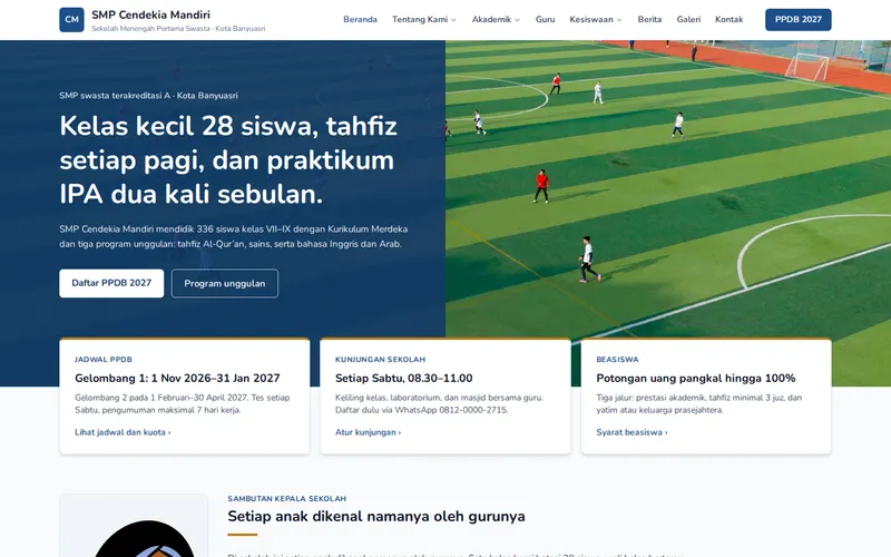 Tampilan halaman awal SMP Cendekia Mandiri