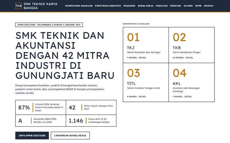 Tampilan halaman awal SMK Teknik Karya Bangsa