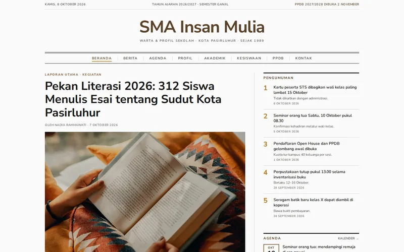 Tampilan halaman awal SMA Insan Mulia