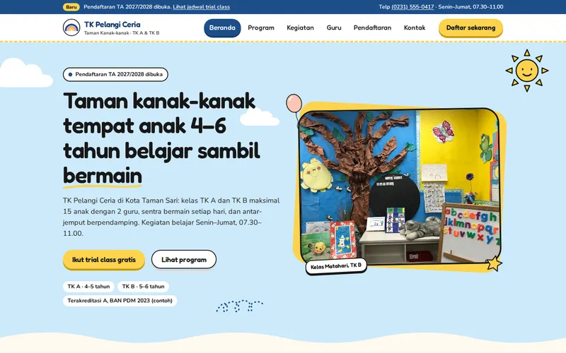 Tampilan halaman awal TK Pelangi Ceria