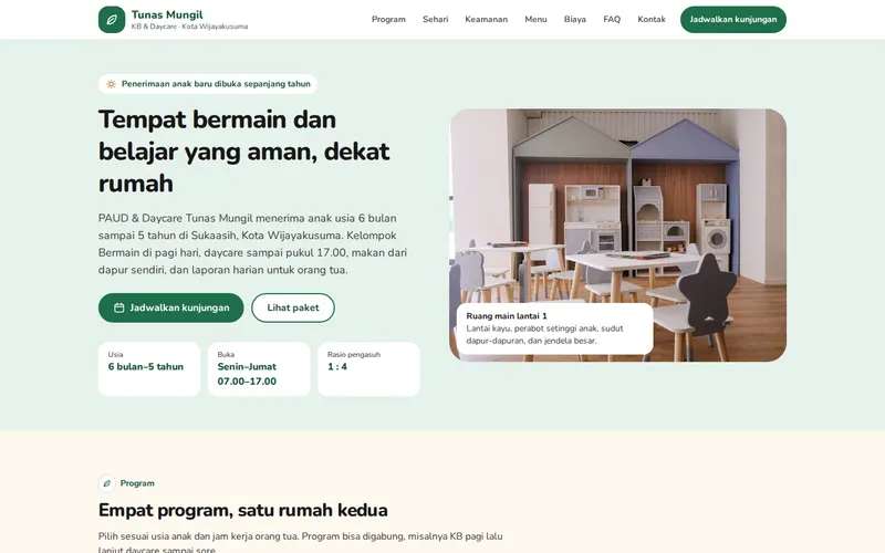 Tampilan halaman awal PAUD & Daycare Tunas Mungil