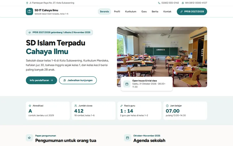Tampilan halaman awal SD IT Cahaya Ilmu