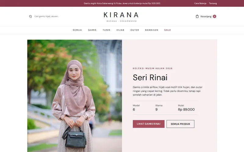 Tampilan halaman awal Kirana Busana