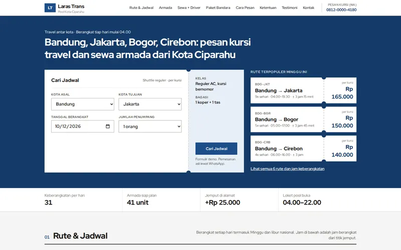 Tampilan halaman awal Laras Trans