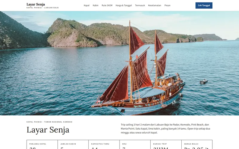 Tampilan halaman awal Kapal Phinisi Layar Senja