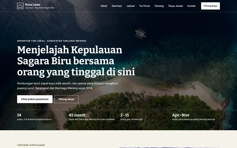 Tampilan halaman awal Nusa Laras Journeys