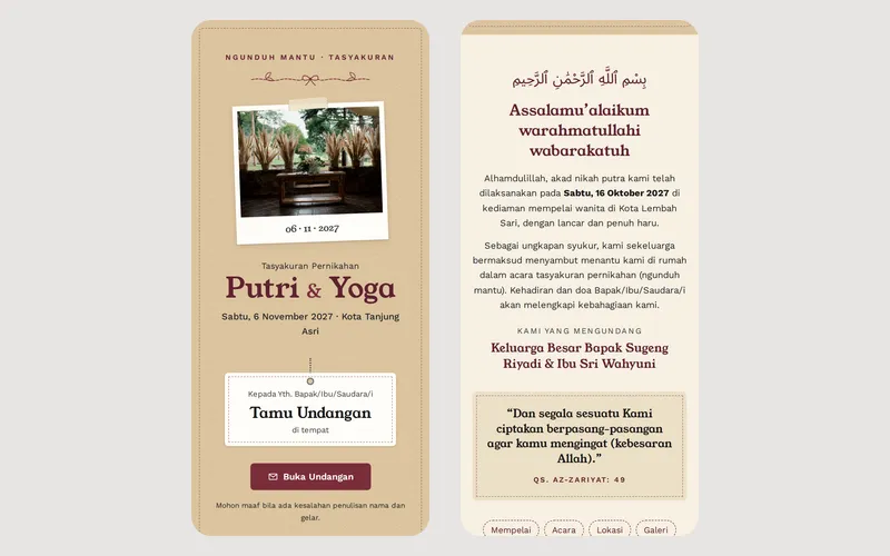 Tampilan halaman awal Putri & Yoga