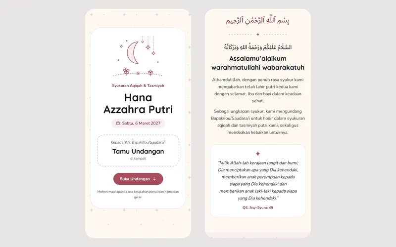 Tampilan halaman awal Aqiqah Hana